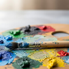 Fototapeta premium Artist's Palette with Vibrant Oil Paints and Brush Close Up Colorful Texture Creative Design Concept Craft Art Studio Workshop Abstract Detail Painter