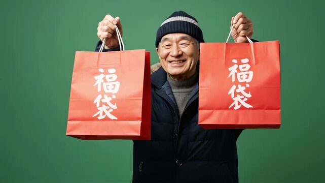 緑の背景と冬の装いで満面の笑み、福袋を両手に持ち喜ぶ年配の男性