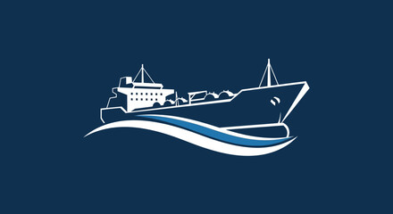 Stylized illustration of a large cargo ship or oil tanker sailing on ocean waves against a dark blue background.