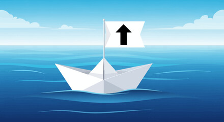 Obraz premium A simple white paper boat with a black arrow pointing upwards on a white flag sailing on a blue ocean under a cloudy sky.
