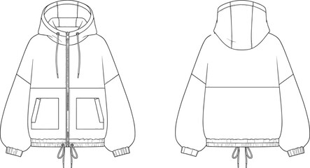Technical flat sketch of hoodie jacket front and back view, fashion design template, sweatshirt drawing, garment illustration for apparel design, vector outline
