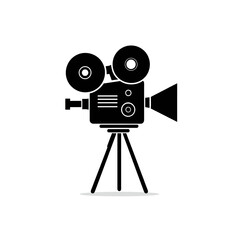 Obraz premium A classic black and white cinema camera illustration, featuring reels, lens, and tripod