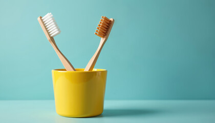Two natural bamboo toothbrushes in bright yellow cup. Eco friendly wooden product for daily dental care, oral hygiene. Minimalist bathroom accessories for couple morning routine on solid blue