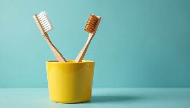 Two natural bamboo toothbrushes in bright yellow cup. Eco friendly wooden product for daily dental care, oral hygiene. Minimalist bathroom accessories for couple morning routine on solid blue