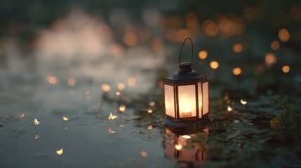Close-up of a lantern floating on the surface of a body of water. the lantern is made of metal and has a handle on top.