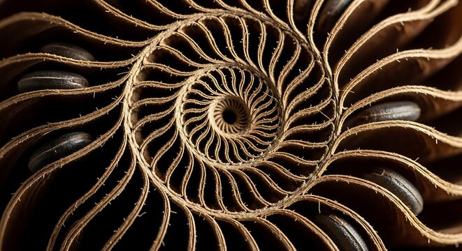 Abstract natural nautilus shell formation with symmetrical logarithmic spiral