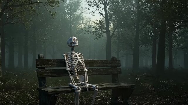 A skeleton sitting relaxed on a bench in a deep misty forest