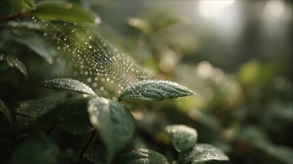 Fototapeta premium Close-up of a spider web covered in dew drops. the web is in the center of the image and is surrounded by green leaves. the leaves are covered in small droplets of water, glistening in the light.