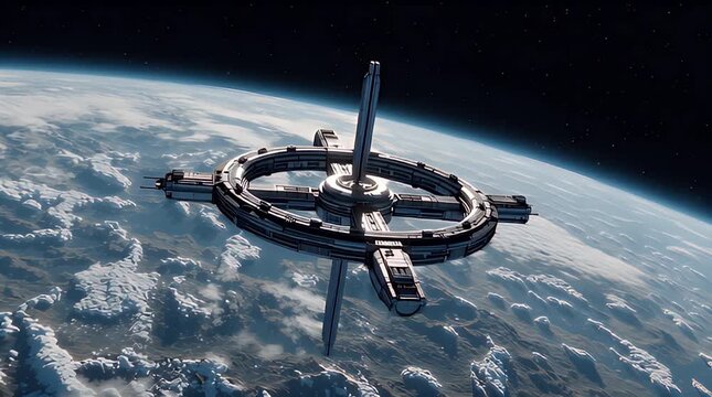 Futuristic ring-shaped space station orbits a cloud-covered Earth under a starry sky