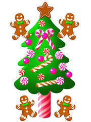 Fototapeta premium Playful Pink Christmas Tree, decorated with candy canes and gingerbread men, transparent background.