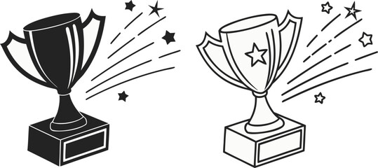 Two trophy designs, set against a stark white background, are displayed. The first, on the left, presents a solid black trophy, radiating outward lines suggesting movement and stars. The trophy is a c