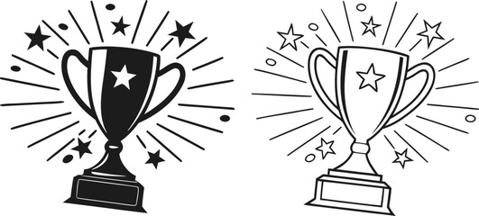 Two trophy designs, set against a stark white background, are displayed. The first, on the left, presents a solid black trophy, radiating outward lines suggesting movement and stars. The trophy is a c