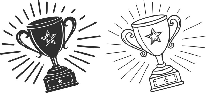 Two trophy designs, set against a stark white background, are displayed. The first, on the left, presents a solid black trophy, radiating outward lines suggesting movement and stars. The trophy is a c