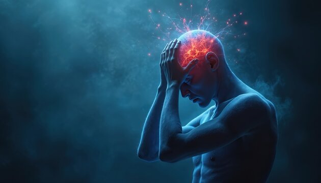 Man holds head in intense pain. Brain glows red with electric impulses bursting out. Illustrates severe headache, migraine, stroke, stress, mental health issue, serious brain problem. Concept of
