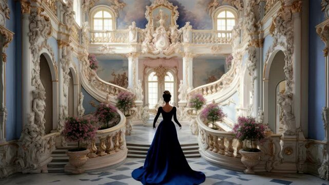 Elegant video scene of a woman in a black gown, captured from behind, gazing at a grand, ornate staircase in a luxurious palace interior. Live desktop wallpaper.