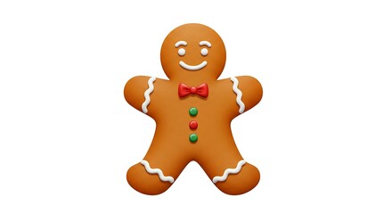 A smiling gingerbread man with white icing, red bow tie, green and red buttons