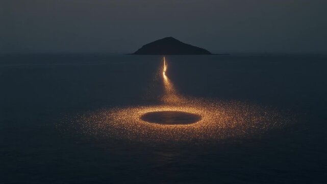 Open sea at night with only a distant featureless headland silhouette; the swarm builds a narrow corkscrew with gentle upward drift like a beacon; restrained haze