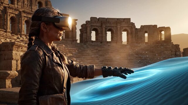 Woman exploring ancient ruins with virtual vr headset and haptic glove. Technology drives archaeology exploration with immersive simulation. Desert amphitheater at sunset. Soft light reveals stone.