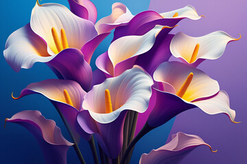 Elegant purple and white calla lily bouquet on a dual tone background for modern design and floral aesthetics