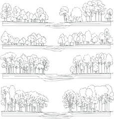 Obraz premium Create Architectural Drawings, Minimal style cad tree line drawing, Side view, set of section wetland forest outline for landscape design drawing. Vector illustration in separate element.