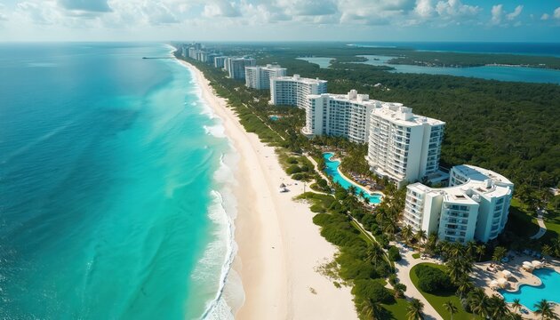 White high rise hotels line a sandy beach bordering bright turquoise sea waves. Lush green trees and pools dot resort grounds. Coastal city stretches far into hazy horizon.