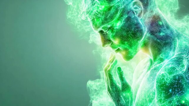 Green Energy of Human Consciousness Digital Mind Concept Art for Technology and AI Innovation, Human&ndash;AI connection and consciousness evolution, Visualization of bio-digital energy