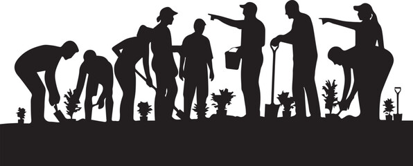 Diverse group of people planting trees and flowers celebrating international volunteer day global unity