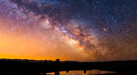 Vibrant Milky Way Galaxy Over a Silhouetted Landscape at Night.