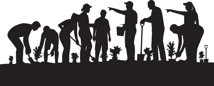 Diverse group of people planting trees and flowers celebrating international volunteer day global unity