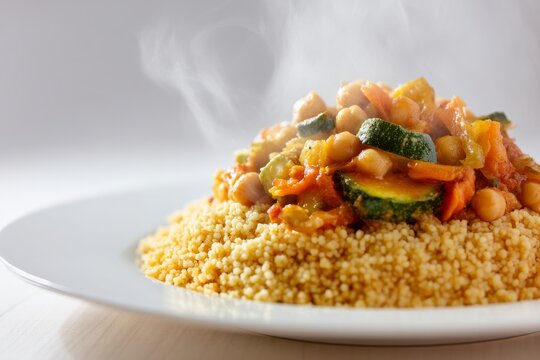 Delicious steaming couscous topped with colorful vegetables and chickpeas served on a white plate in a cozy kitchen setting