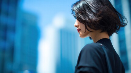 Japanese Woman in the City with Blue Reflections ｜ 青い反射光に包まれた都会の日本人女性