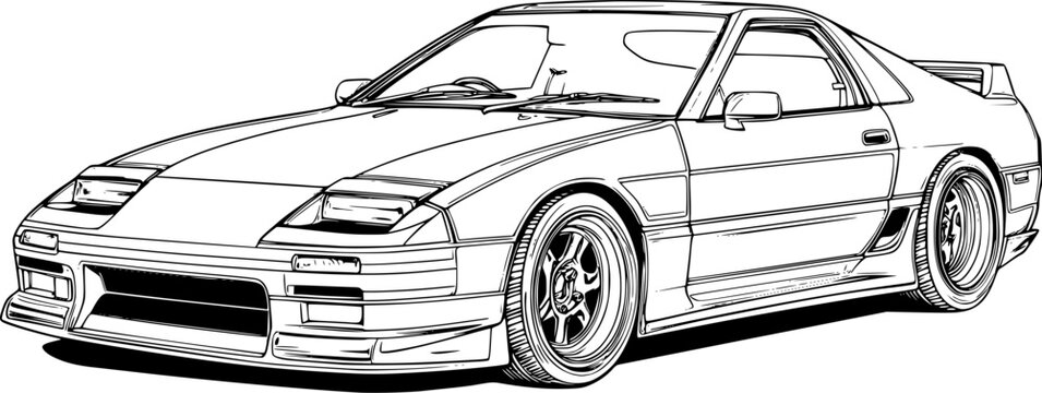 Detailed outline drawing of a retro sports car with large racing wheels and aerodynamic body for automotive design sketch, coloring page, and engineering illustration