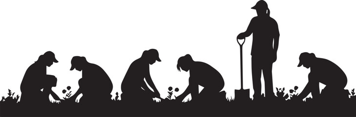 Silhouetted volunteers planting seedlings together symbolizing community growth and international volunteer day