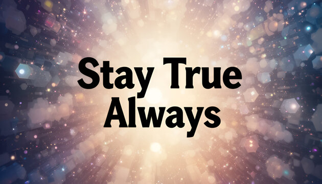 Stay true always quote displayed prominently in bold black text over a radiant, starfilled cosmic background with glowing light effects and bokeh