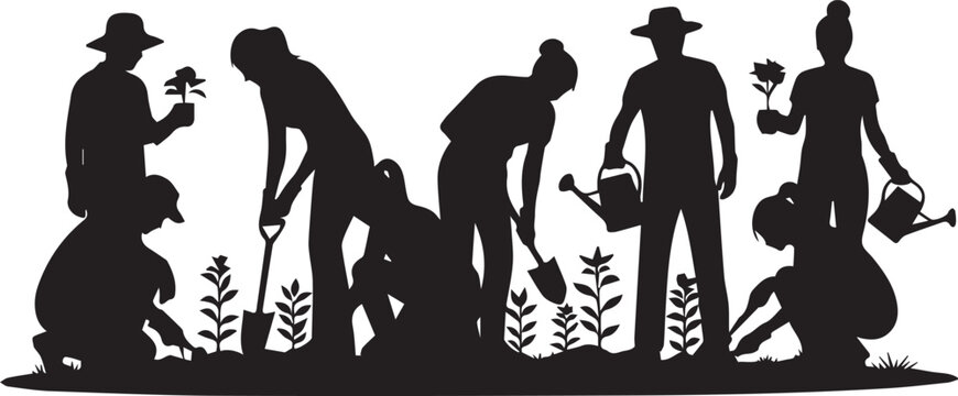 Diverse group of volunteers planting flowers and watering in a garden community project celebration.