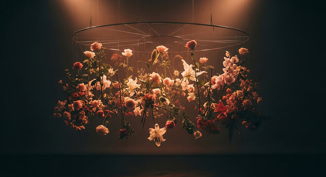 Floral arrangement hanging from a metal hoop with roses lilies and other flowers in dark room ai generated