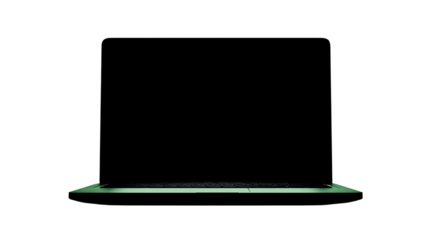 Black laptop silhouette with screen facing forward, portable computer device for digital work, technology and modern office concept isolated on white background
