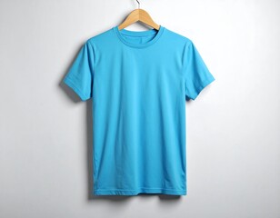 A vibrant turquoise t-shirt hangs on a wooden hanger against a clean white background