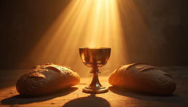 Golden chalice rests between two loaves of bread. Warm light rays stream down, illuminating steam rising from cup. Religious symbols await sacrament, conveying solemnity and devotion.