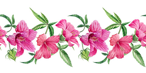 Seamless border with hibiscus flowers. Hand-drawn watercolor illustration of hibiscus.