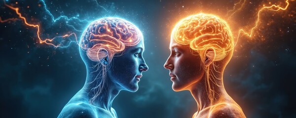 Two heads face, glowing brains connect with electrical energy. Psychic link, mind meld. People share thoughts, ideas, consciousness. Deep spiritual connection, mind wave transmission. Psychic energy