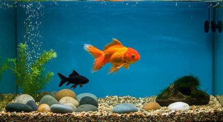 A vibrant underwater scene, goldfish swimming with a black fish in a glass aquarium