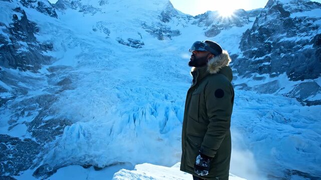 Man uses binoculars on glacier. Explorer in parka looks toward mountain. Cold air visible around breath. Travel and adventure set in nature. Scene shows outdoor expedition and ice landscape. Calm.