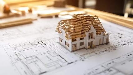 Miniature house model resting on architectural blueprints with wooden framing exposed - Powered by Adobe