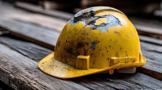 Worn yellow hard hat resting on weathered wooden surface at a construction site during daylight