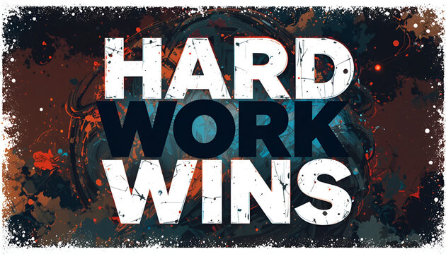 Hard work wins bold white typography with a grunge effect, layered over a dark, abstract, and fiery background, highlighting the triumph achieved through strenuous effort - Powered by Adobe