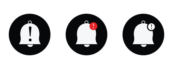 Emergency alert bell icon set on black circle. Warning notification sign symbol