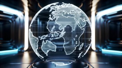 Global data map displayed in futuristic tunnel, background showing light and tech. For network info - Powered by Adobe
