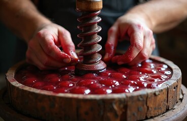 Person uses old wooden winepress to extract juice from grapes. Red must fills basin, screw mechanism applies pressure for wine production. Traditional grape harvest.