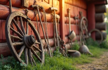 Old wagon wheel and vintage farm tools rest against a rustic red log wall. This rural scene shows equipment for agriculture and animal husbandry. Sunlight gleams on aged wood and metal.